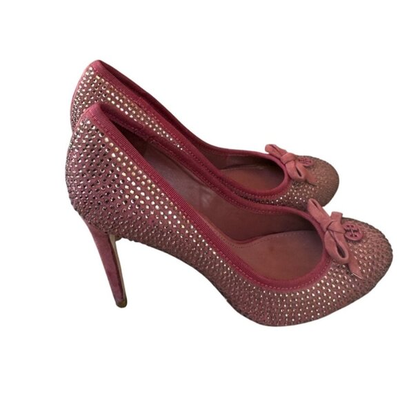 Tory Burch Phoenix Charm Logo Pumps Size 6.5 Pave Crystal Conceria Cameo Shoes - Picture 3 of 14